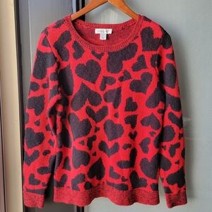Christopher & Banks Heart Knit Sweater Medium Long Sleeve Black Red Crew Neck